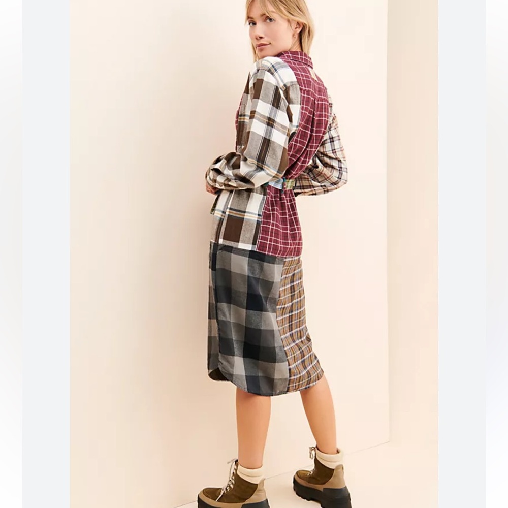 Free People Patchwork Plaid Midi Dress in Burgundy, Brown, Olive, Navy - Picture 2 of 6